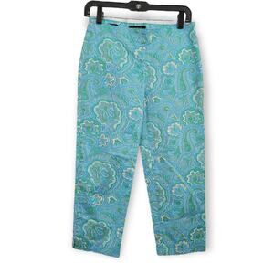 Talbots Classic Side Zip Paisley Print Cropped Capri Aqua Blue/Green Size 2P